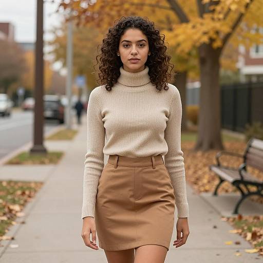 Young Woman in Autumn Outfit on Sidewalk