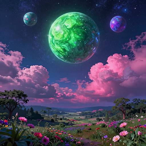 Digital fantasy landscape: Vibrant green, blue, and purple planets float in a starry night sky above a colorful meadow with pink clouds, wild
