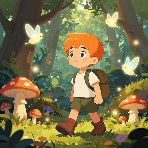 Whimsical Cartoon Boy in Magical Forest