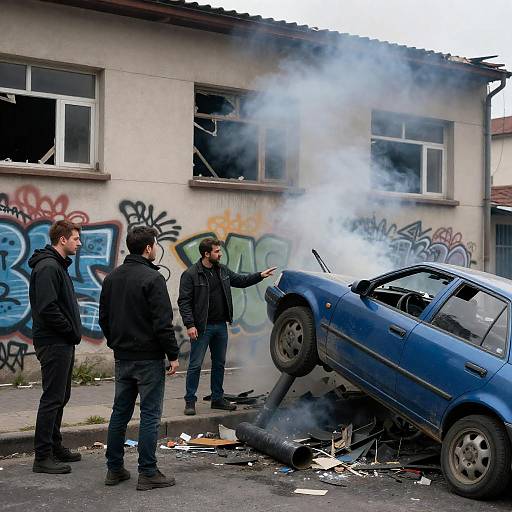 Urban Street Scene with Overturned Car