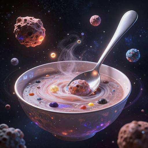 Digital art of a spoon in a bowl filled with cosmic milk, containing floating space rocks and planets, against a starry background.