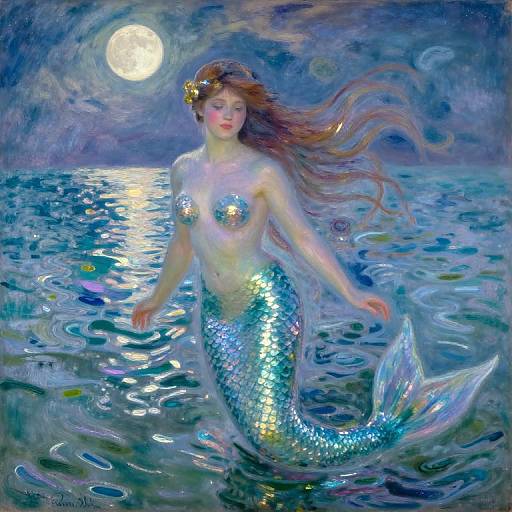 Digital painting of a mermaid with long red hair, shimmering blue scales, and golden hairpiece, swimming under a bright full moon.