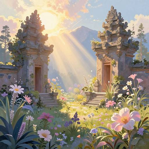 Digital painting of two ancient, ornate stone temples bathed in golden sunlight, surrounded by vibrant, colorful flowers and lush greenery.