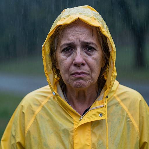 Photograph of an older woman with wet, weathered skin, wearing a yellow raincoat hood, standing in the rain, with a somber expression