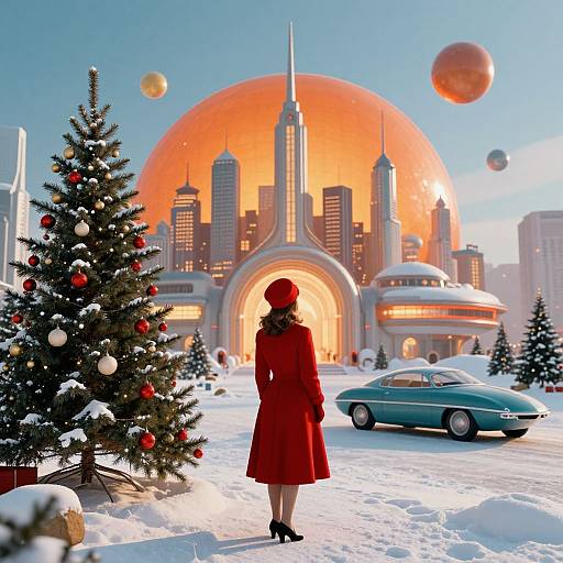 Digital art: Red-dressed woman with hat, black heels, stands in snowy cityscape, facing futuristic skyscraper with giant orange sun, surrounded by