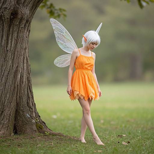 Photograph of a slender, fair-skinned woman with white elf ears, silver hair, and translucent wings, wearing an orange, ruffled dress,