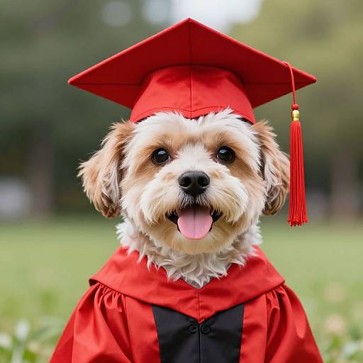 Dog in Red Graduation Cap and Gown