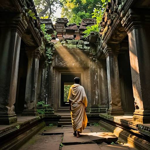 Photograph of a monk in a yellow robe walking through sunlit ancient, moss-covered stone temple corridors with tall, weathered pillars.
