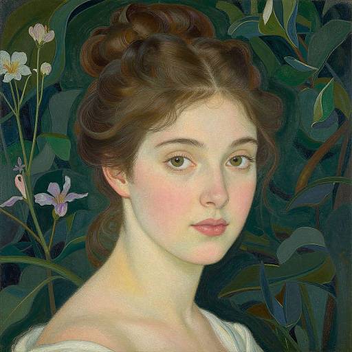 Digital painting of a fair-skinned, brown-haired young woman with green eyes, soft pink lips, wearing a white top, surrounded by dark green foliage