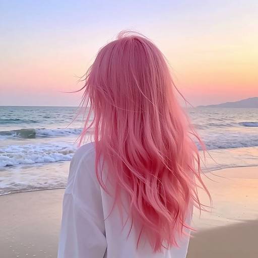 Photograph of a person with long, pink, wet hair standing on a beach at sunset, wearing a white shirt, facing the ocean.