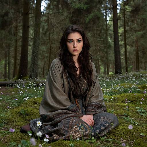 Photograph of a young woman with long, dark hair, sitting cross-legged on mossy forest floor, wearing a gray, embroidered tunic, surrounded