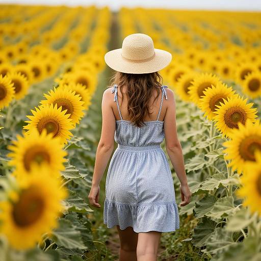Woman Walking in Sunflower Field