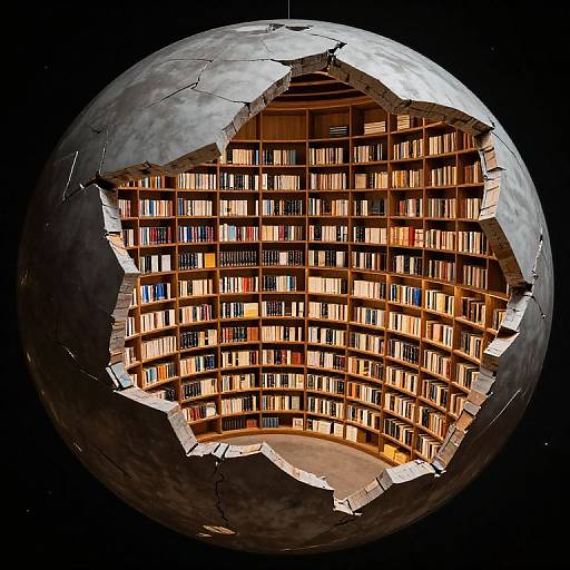 Photographic digital art of a cracked Earth sphere revealing a cylindrical library with rows of illuminated, colorful books inside.