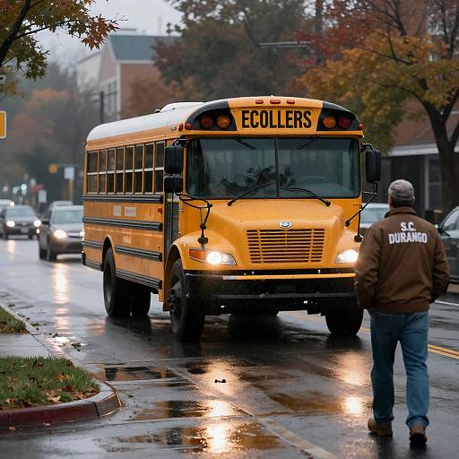 Rainy Street Scene with School Bus