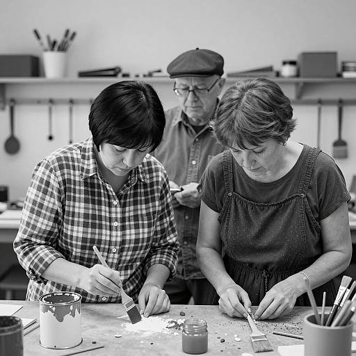 Black and White Workshop Scene with Adults