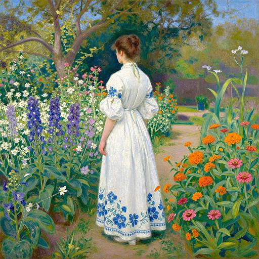 Digital painting of a woman in a white dress with blue floral embroidery, standing in a vibrant, colorful garden with various flowers and a tree in the background