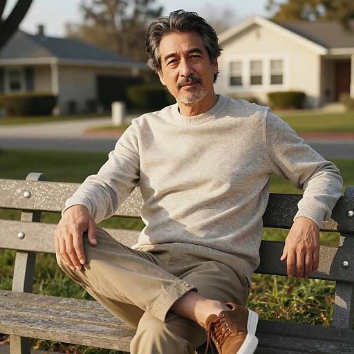 Photograph of a middle-aged man with gray hair and beard, wearing a light gray sweater and beige pants, sitting on a wooden bench in a suburban