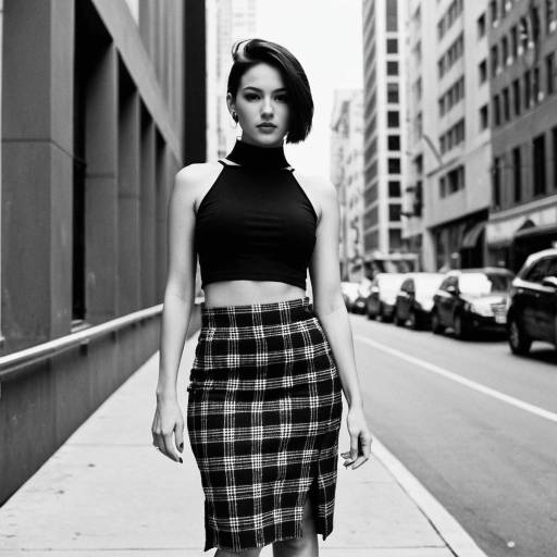 Modern Urban Woman in Black Crop Top and Plaid Skirt