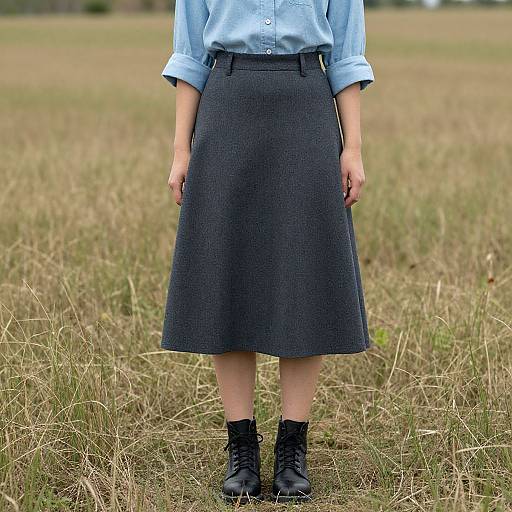 Photograph of a woman standing in a grassy field, wearing a blue shirt, dark blue skirt, and black lace-up boots.