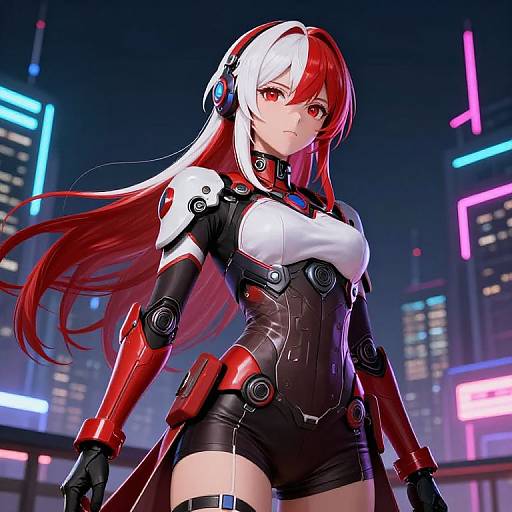 Digital anime-style artwork of a red-and-white-haired female cyborg with red eyes, wearing a black and white futuristic bodysuit, standing in a