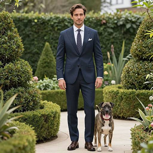 Photograph of a handsome man in a navy suit, white shirt, and tie, walking a happy brown and white dog in a lush, manicured
