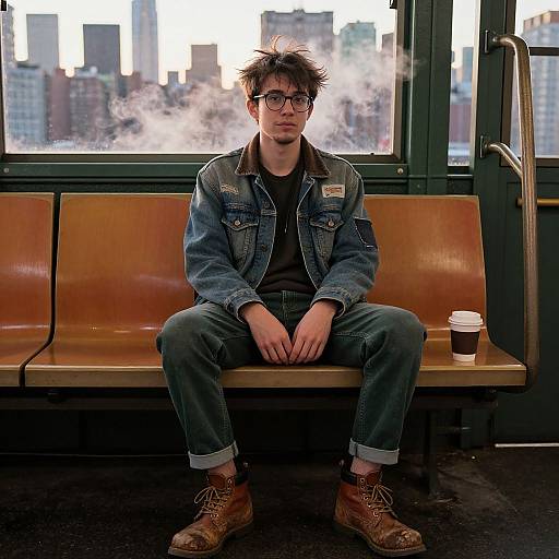 Photograph of a young, slim man with tousled brown hair and glasses, wearing a denim jacket, black shirt, and blue jeans, sitting on