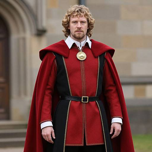Photograph of a curly-haired, bearded man in medieval-style red and black robe with gold buckle, standing in front of a stone building.