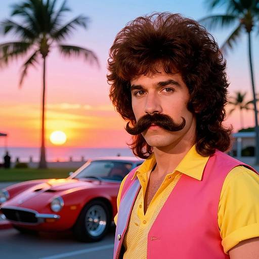Photorealistic image of a man with thick, curly brown hair, mustache, yellow shirt, pink vest, standing by a red classic car at