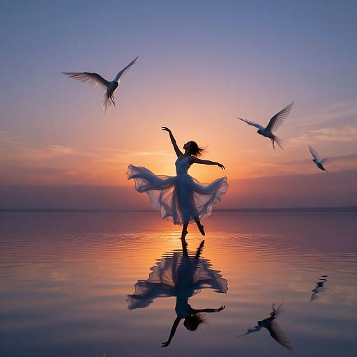 Silhouetted dancer in flowing white dress, arms raised, reflected on water at sunset, with three flying birds against a vibrant orange and purple sky