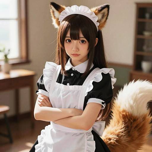 Anime-style photograph of a young woman with fox ears and tail, wearing a black and white maid outfit, standing with arms crossed in a sunlit room