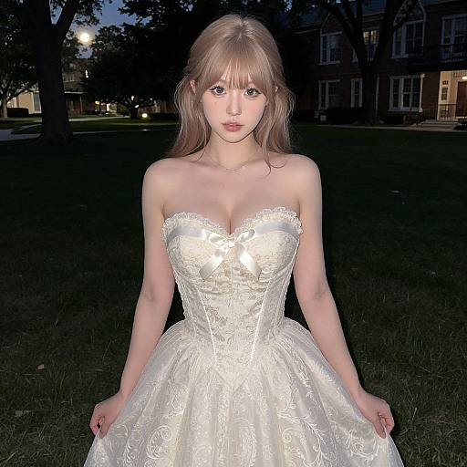 Photograph of a young Caucasian woman with light brown hair in an elegant white lace strapless wedding dress, standing in a dark, tree-filled evening garden