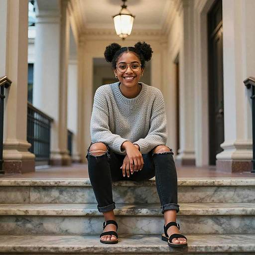 Photograph of a smiling young Black woman with curly hair, wearing a gray sweater, ripped jeans, and black sandals, sitting on marble steps in a