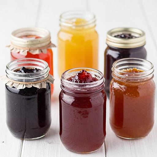 Photograph of five jars of jam, featuring dark blueberry, red strawberry, orange marmalade, dark blackberry, and brown apple jam