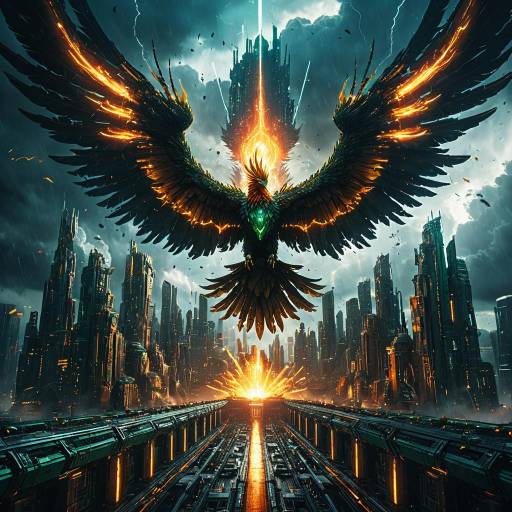 Cybernetic Phoenix Over Futuristic Metropolis