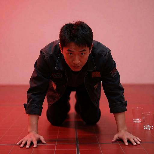 Asian Man Crawling on Red Floor