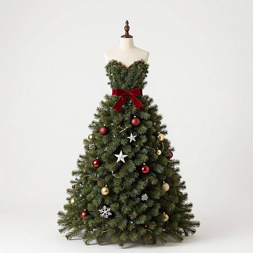 Photograph of a Christmas tree-shaped mannequin, adorned with red and gold baubles, white stars, snowflakes, and a red