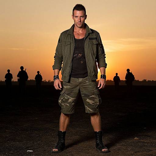 Photograph of a muscular man with short dark hair, wearing a camo jacket, black shirt, cargo shorts, and black boots, standing against a