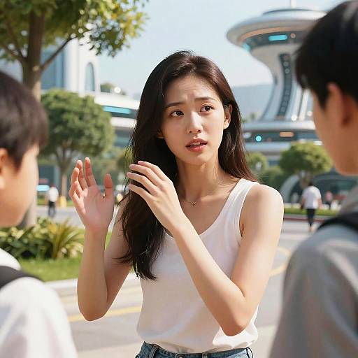 Asian Woman Expressing Empathy in Futuristic Park
