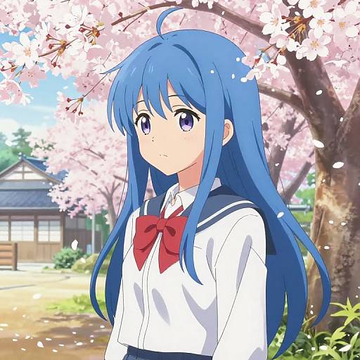 Anime-style drawing of a blue-haired girl with purple eyes, wearing a white sailor school uniform with a red bow, standing under cherry blossom trees in a