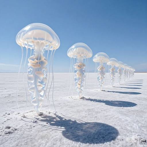 Photorealistic CGI of glowing white jellyfish with translucent domes and long, wavy tentacles floating in a bright blue, snowy landscape.