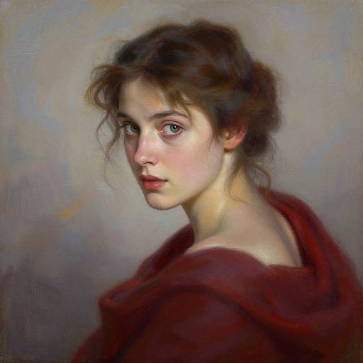 Digital painting of a young woman with fair skin, blue eyes, and wavy brown hair, wearing a red cloak, gazing pensively over her
