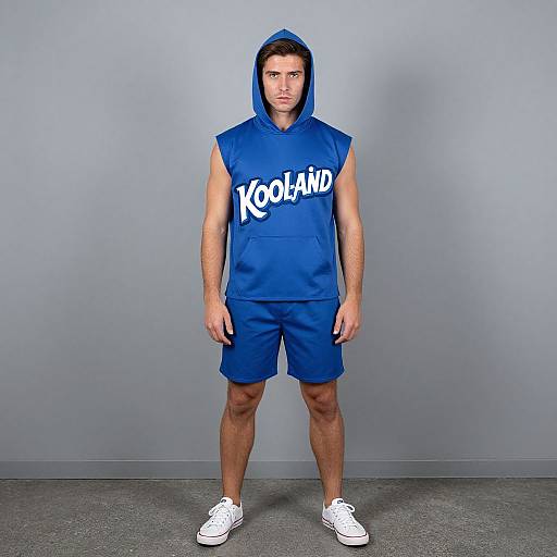 Photograph of a muscular man with light skin, short brown hair, wearing a blue 