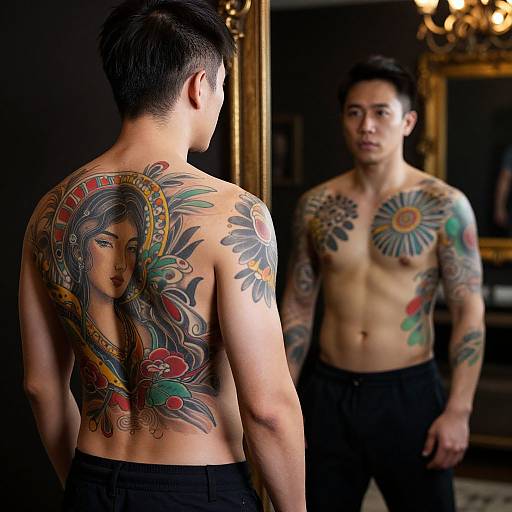 Photograph of a tattooed Asian man with short black hair, shirtless, facing a mirror, showcasing colorful back tattoo of a woman and chest sun
