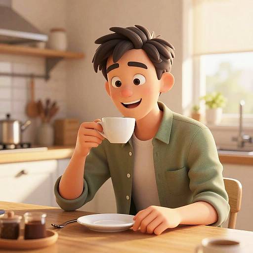 Cheerful Animated Man in Cozy Kitchen