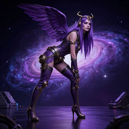 Digital artwork of a purple-haired, winged demon woman in gold armor and thigh-high boots, bending forward against a cosmic galaxy background.