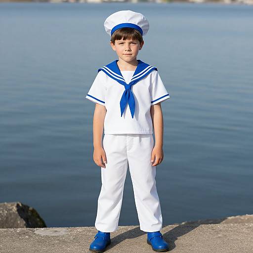 Photograph of a young boy in a white sailor uniform with blue accents, standing on a concrete ledge by a calm blue lake.