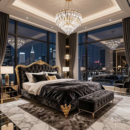 Luxurious bedroom with a black velvet tufted bed, gold-accented headboard, dual crystal chandeliers, city skyline view through floor