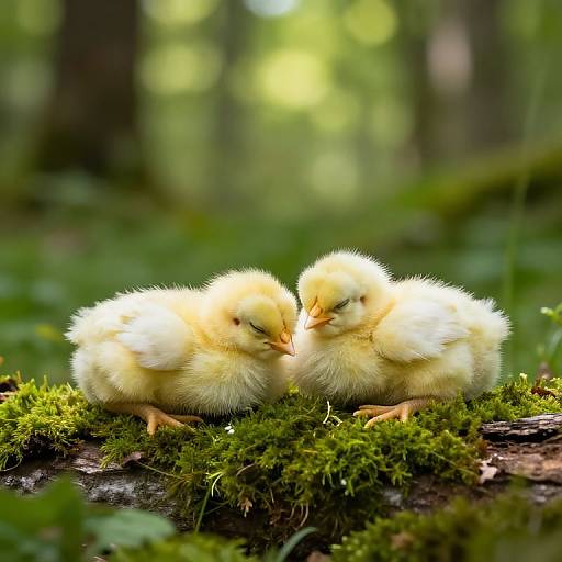 Photograph of two fluffy, yellow ducklings with small beaks, sitting closely together on moss-covered forest ground, surrounded by blurred greenery.