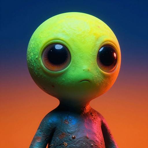 CGI image of a green, alien-like creature with large, glossy eyes and textured skin, set against a vibrant orange and blue gradient background.