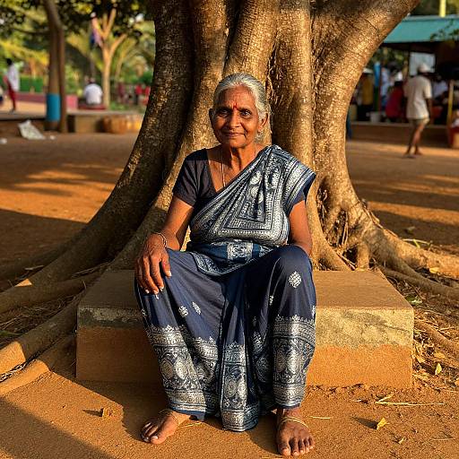Photograph of an elderly Indian woman with gray hair, wearing a blue and white patterned sari, sitting against a large tree in a sunlit